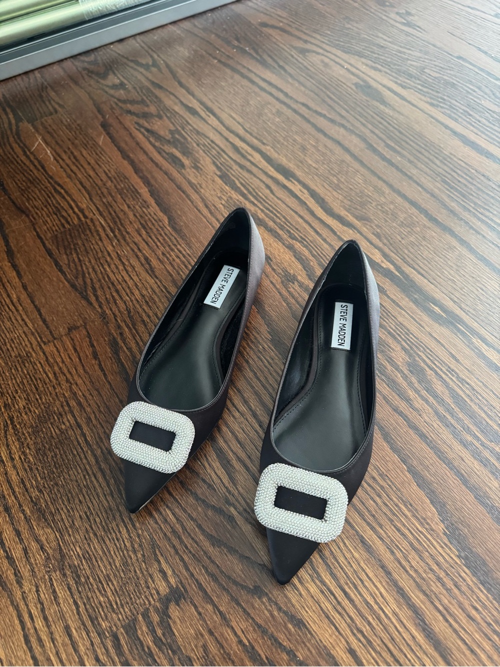 Steve Madden Black Pointed Flats with Crystal Buckle Accent